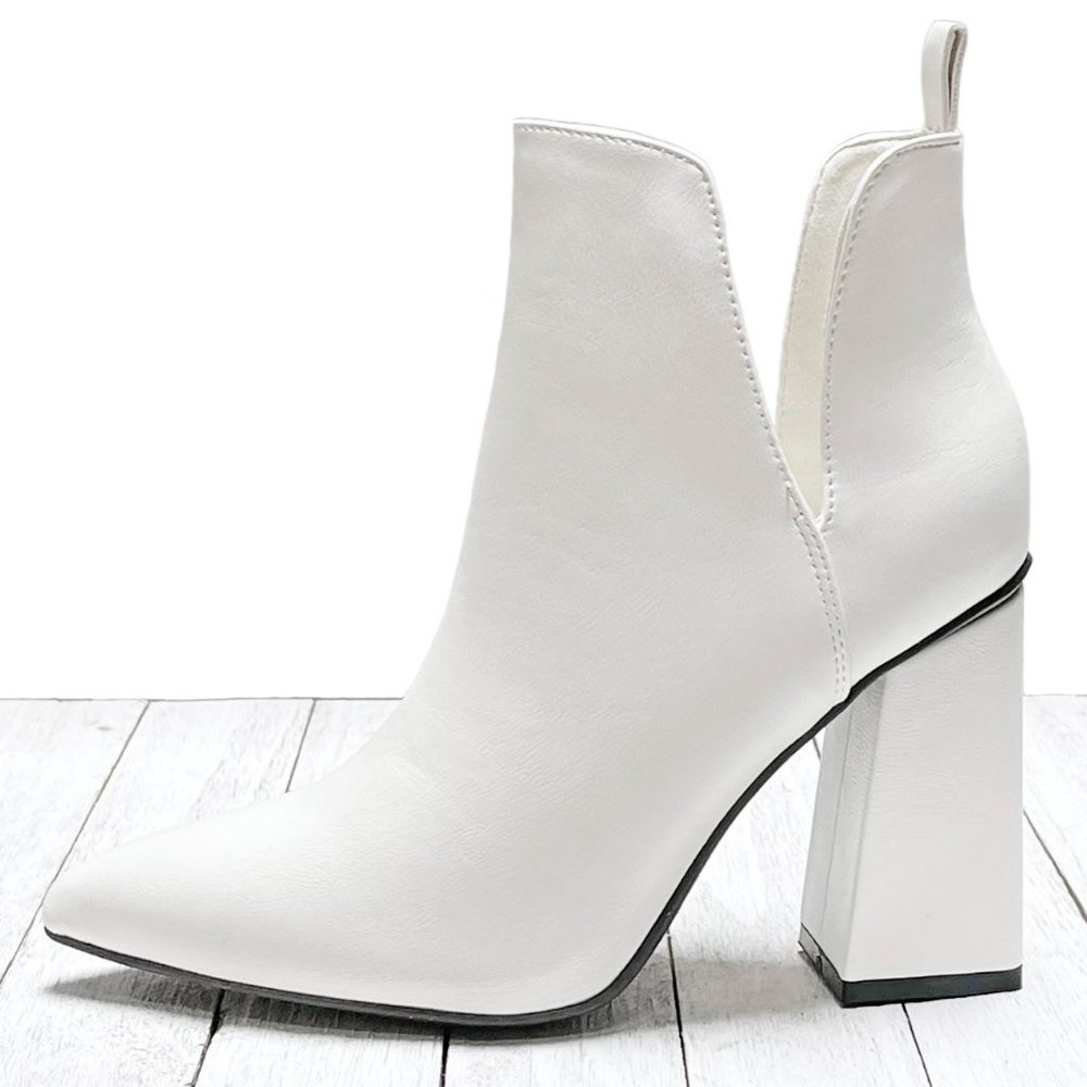 New White V Cutout Point Toe Heel Ankle Boots Booties